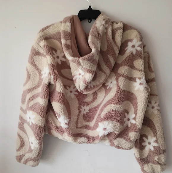 Wild Rose Sherpa Hoodie Women Small‎ Mauve Cream Floral Swirl Zip Up Jacket - Picture 9 of 10